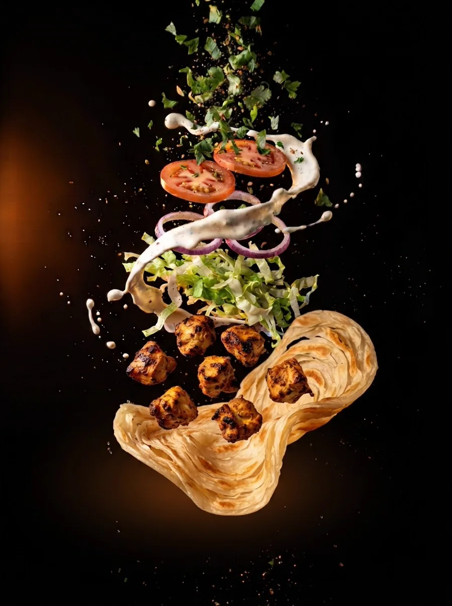 A chicken paratha roll with its layers separated: flaky paratha, grilled chicken, lettuce, red onion, tomato and garlic sauce.
